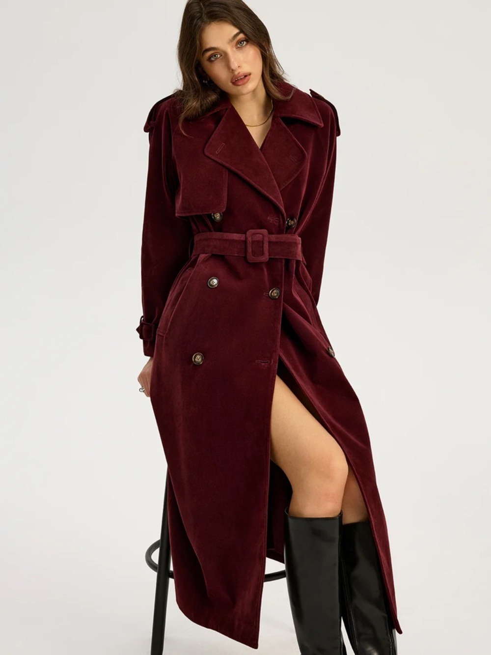 Commense Belted Double-Breasted Suede Effect Long Trench Coat